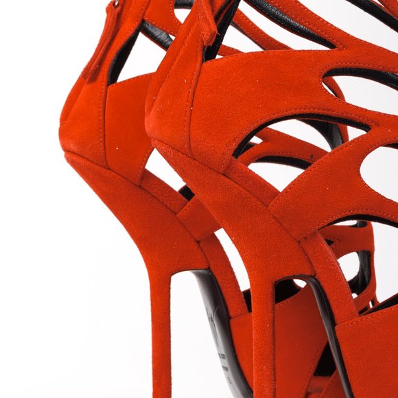 Giuseppe Zanotti Red Suede Cut Out Cage Sandals - Picture 7 of 10